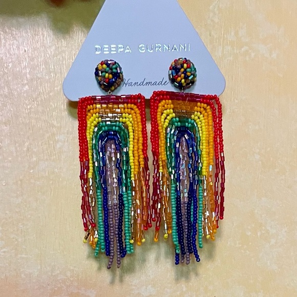 Rainbow Statement Earrings Deepa Gurnani Anthropologie Beaded Fringe - Picture 5 of 16